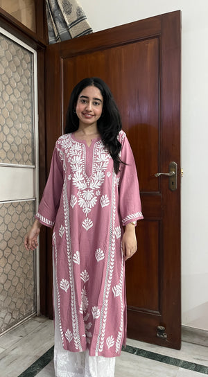 Rayon Lace Chikankari Kurta- Pink