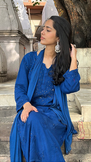 Rayon Mukaish Kurta Set- Blue