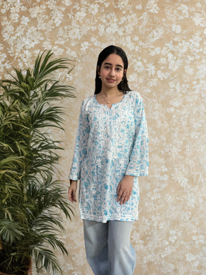 Mulmul Short Kurta- Blue & White