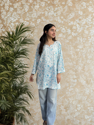 Mulmul Short Kurta- Blue & White