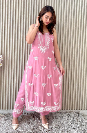 Rayon noodle strap kurta set- Pink